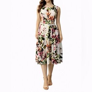 Danny & Nicole Dress 16 Floral Belted Stretch Career Church Washable NEW